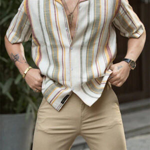 Men's Casual Button Down Shirts Half Sleeve Cotton Fashion Striped Shirt