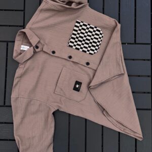 IMPORTED CRUSH FABRIC DOWNSHOULDER 3/4 SLEEV LIGHT BROWN SHIRT