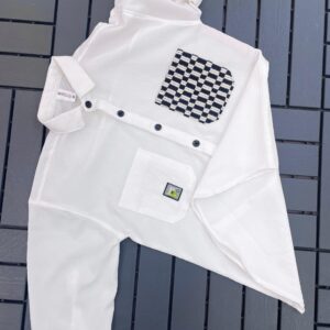 IMPORTED CRUSH FABRIC DOWNSHOULDER 3/4 SLEEV WHITE SHIRT