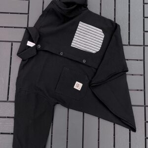 IMPORTED CRUSH FABRIC DOWNSHOULDER 3/4 SLEEV BLACK SHIRT