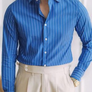 Men's Casual  Full Sleeve Sky Blue Cotton Roman Strip Shirt